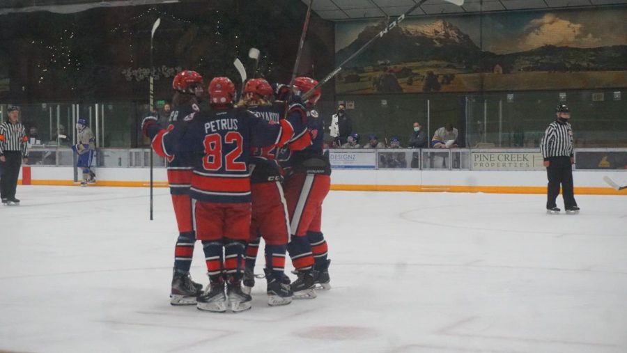 Polar Bears assistant captain and forward Jonah Petrus (82) celebrates his younger brother Toby Petrus first period goal in SRJCs 5-4 overtime win against San Jose State University on Oct. 22 at Snoopys Home Ice in Santa Rosa.