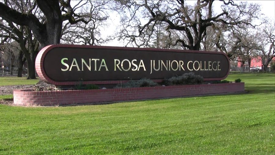 A photo of Santa Rosa Junior Colleges front lawn and sign displaying the schools name.