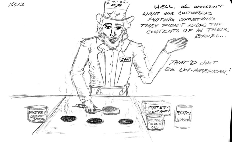 Jenna McGovern won 2nd place in the editorial cartoon contest Nov. 6 at JACC for this illustration satirizing In-N-Out's refusal to enforce vaccine mandates.