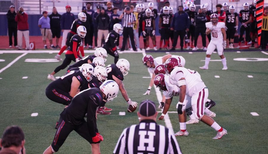 Santa Rosa Junior College Bear Cubs face up against the Sierra College defensive line early in the first quarter on Nov. 13 at Bailey Field.