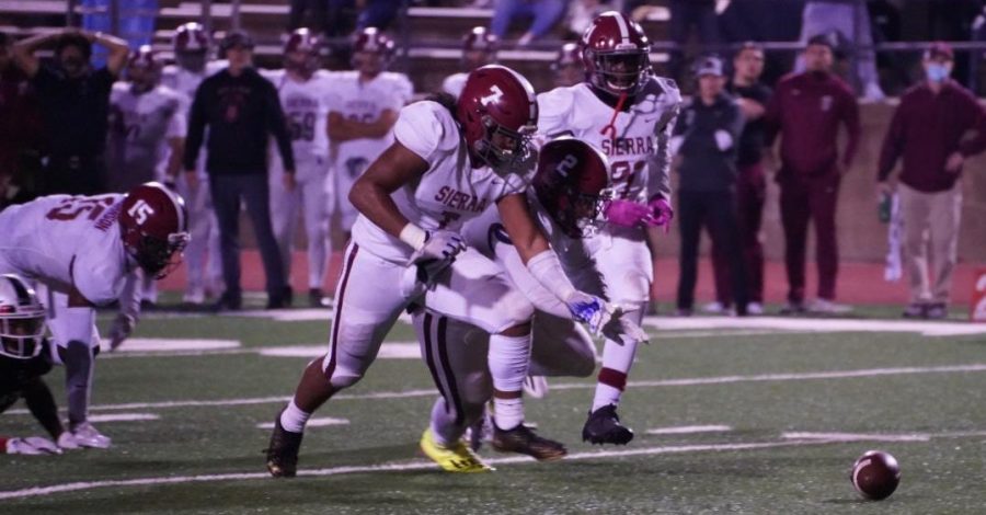 Sierra College defenders chase the ball after quarterback Jake Simmons fumbled on Nov. 13 at Bailey Field.