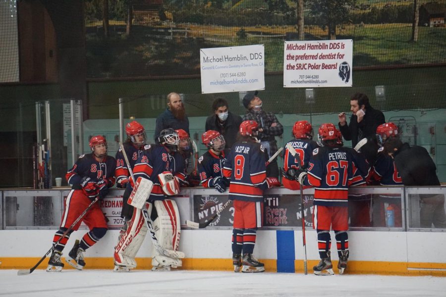Santa Rosa Junior College's Polar Bears ice hockey team convene at the bench during a 3-1 loss to the UC Davis Aggies Feb. 4 at Snoopy's Home Ice.