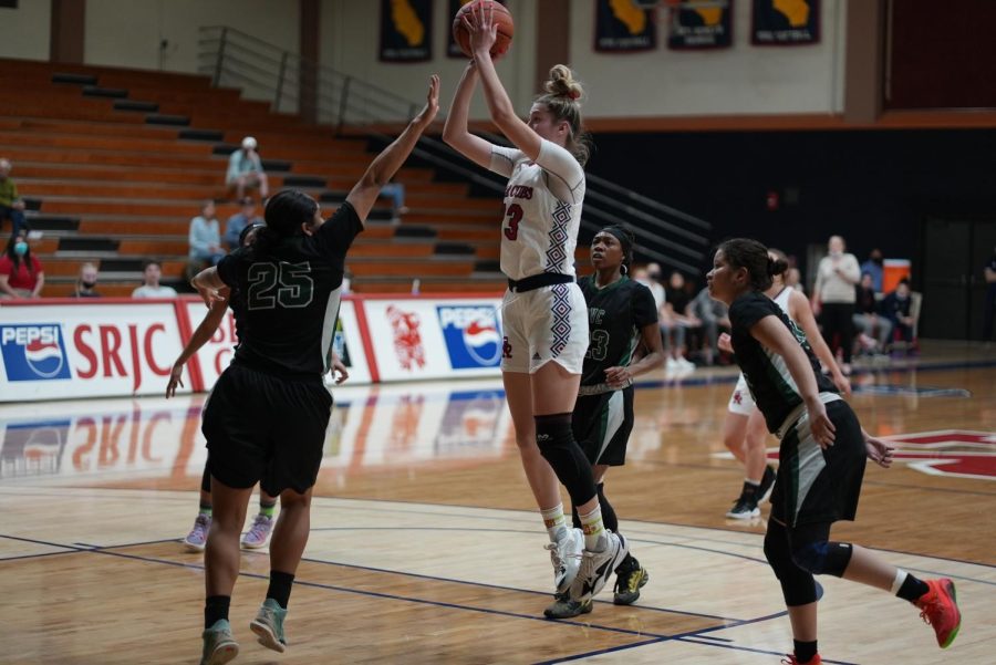 A SRJC womens basketball player shoots a hoop.