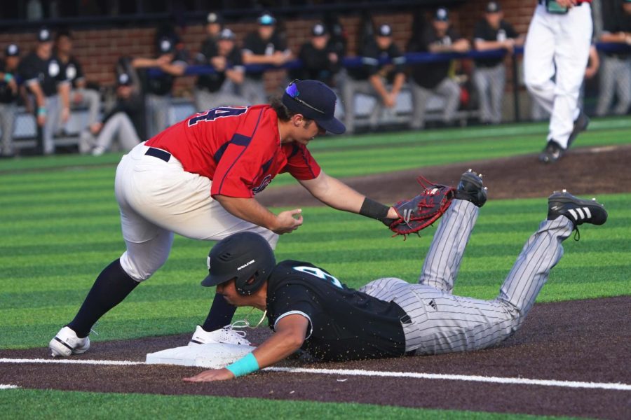 Freshman first baseman Connor Charpiot tags a Mission runner early in the Bear Cubs loss to Mission College.