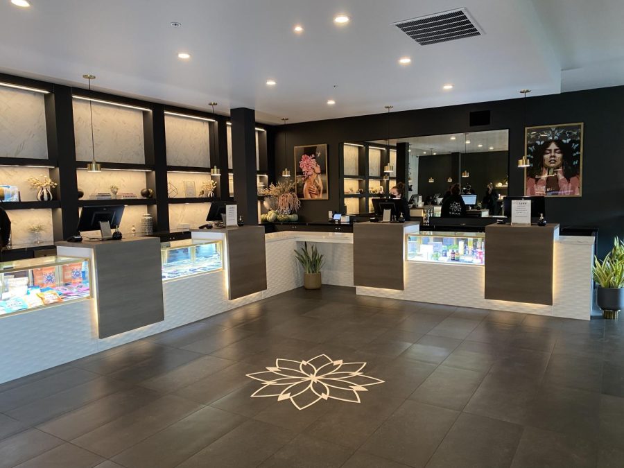 The inside of JANE Dispensary is clean, spacious, well-lit and surrounded by glass display cases stocked with various local and big brand cannabis products.