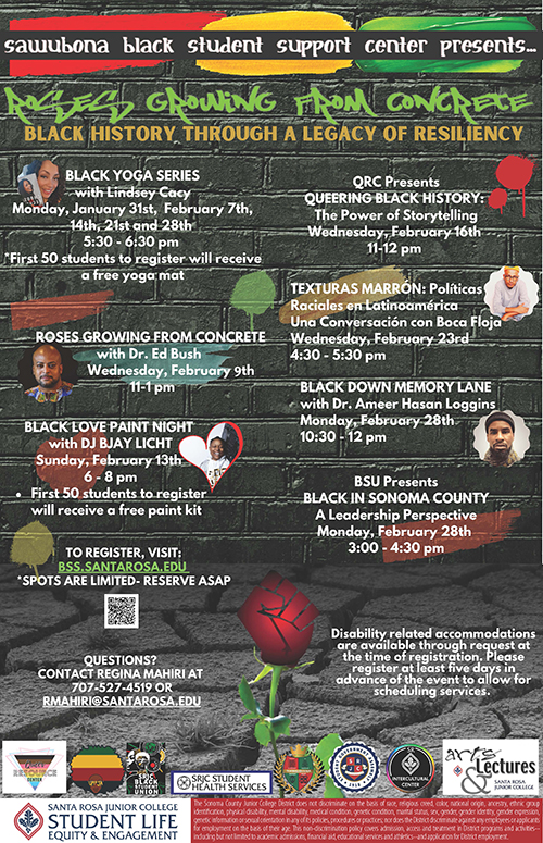 A Black History Month flyer detailing the various BHM events happening at SRJC.