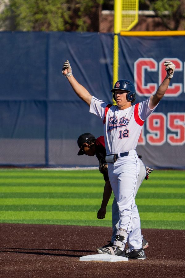 Bear Cubs outfielder Zane Bennett celebrates his second RBI double of the game in the bottom of the 2nd against the Sierra College Wolverines at Cook Sypher Field in Santa Rosa, Calif., March 8, 2022.