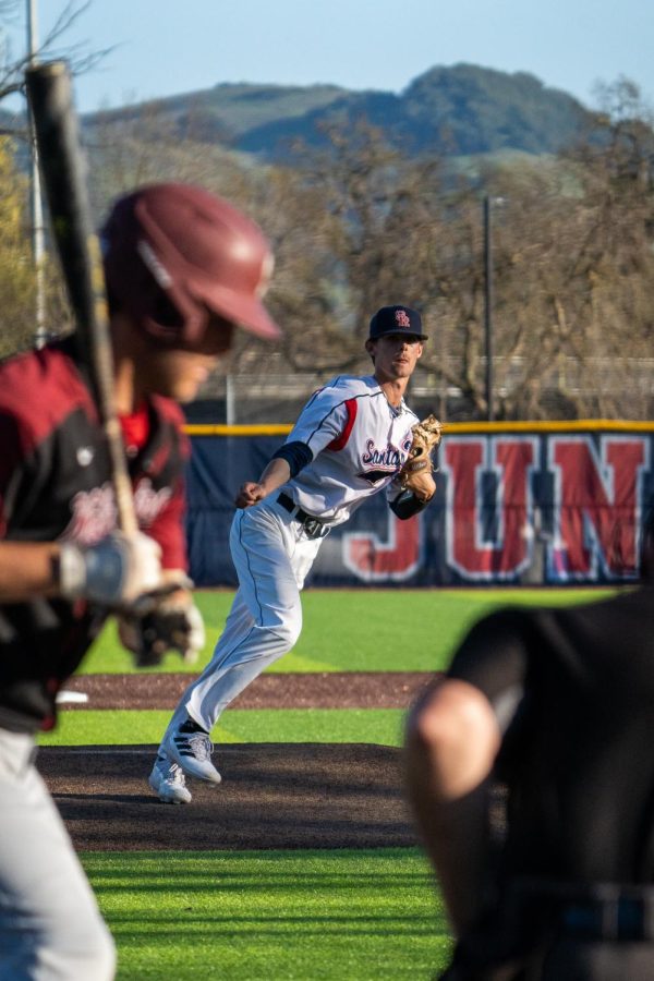 Bear Cubs Pitcher Garrett Edy pitches a rocky but victorious top of the 9th against the Sierra College Wolverines at Cook Sypher Field in Santa Rosa, Calif,. on March 8, 2022.