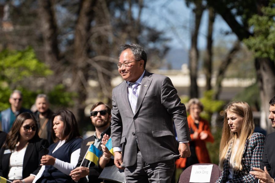 Sonoma Mayor Jack Ding moves to the podium to deliver a welcome speech for Ukraine Consul General Dmytro Kushneruk at City Hall in Sonoma, Calif. March 17, 2022.