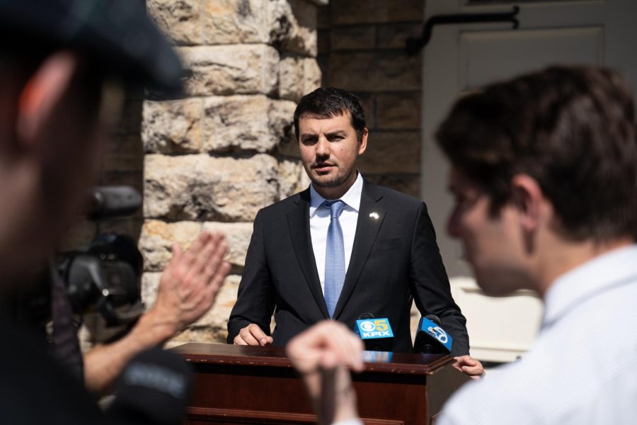 Ukraine Consul General Dmytro Kushneruk addresses reporters after his speech in front of City Hall in Sonoma, Calif. March 17, 2022.