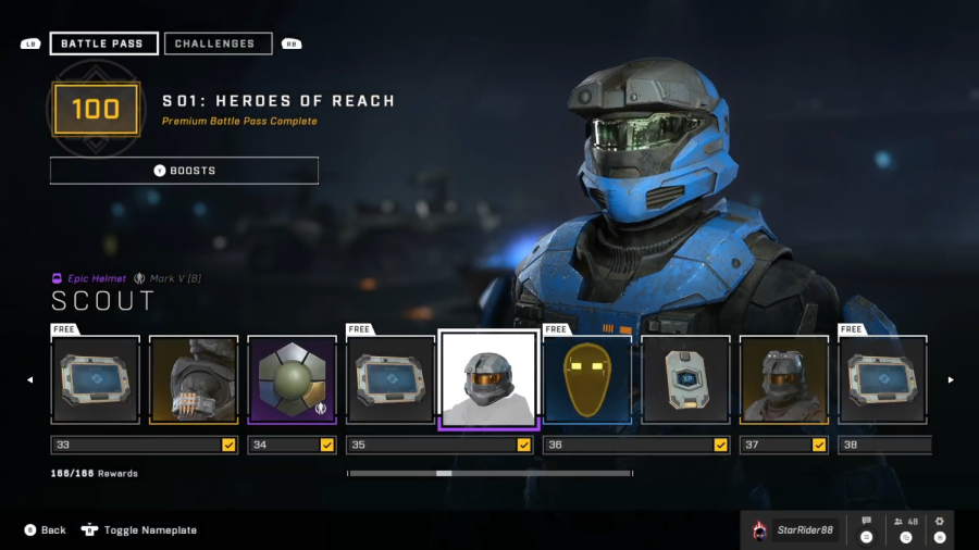 a+screenshot+of+the+battle+pass+screen+in+the+game+Halo%3A+Infinite+highlighting+the+helmet+and+other+paid+items+alongside+a+couple+free+items.