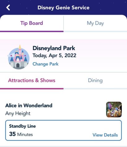 A screenshot of the Disneyland mobile app showing the tip board of Genie plus.