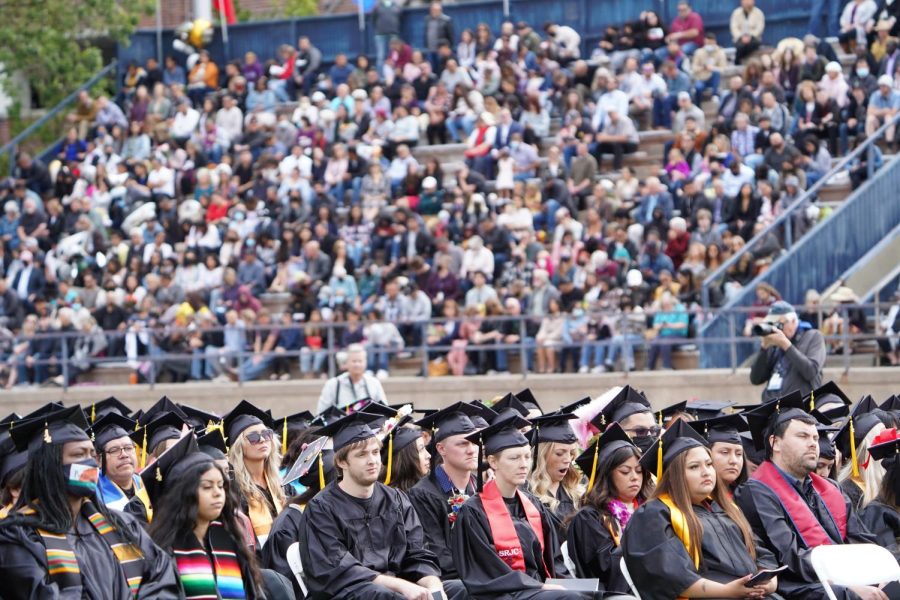 SRJC graduates listen to Mayor Jackie Elwards commencement ceremony speech on May 28, 2022 at Bailey Field.
