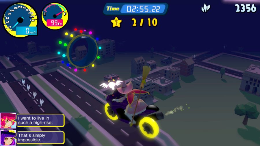 A screenshot from Vroom in the Night Sky depicting a magical girl on a motorcycle flying over city streets. A dialogue between her and her magical girl rival in the left bottom corner. Main character says I want to live in such a high-rise. Rival character says Thats simply impossible.
