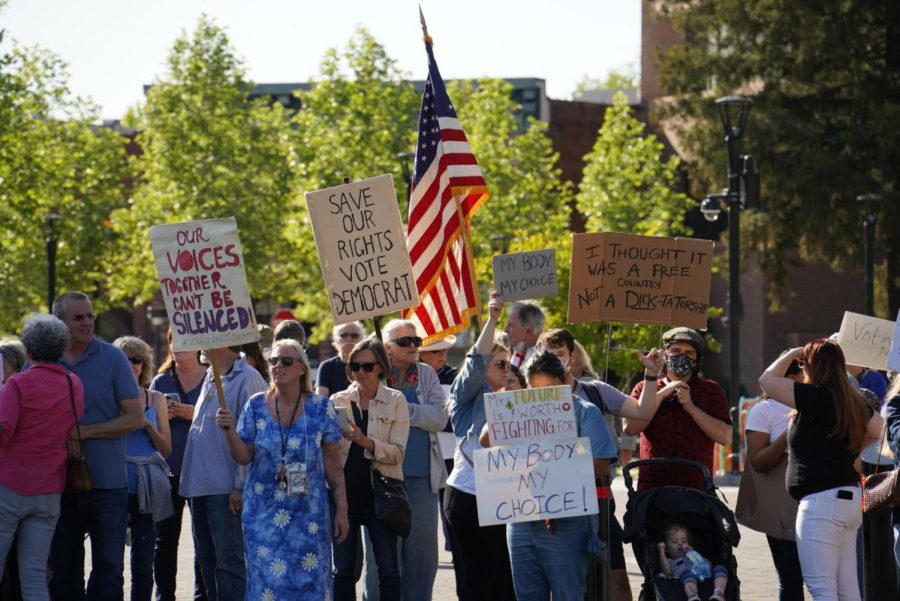 Protesters chant in support of reproductive rights at Courthouse Square on May 3.