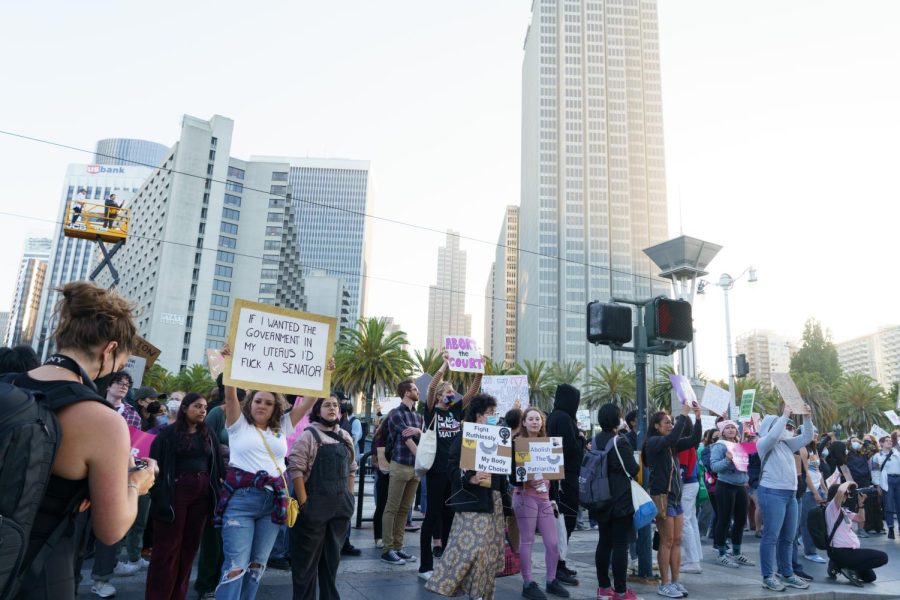Hundreds of protestors, enraged and devastated, march to the Embarcadero to protest the loss of federal protection for abortion on June 24, 2022, in San Francisco.
