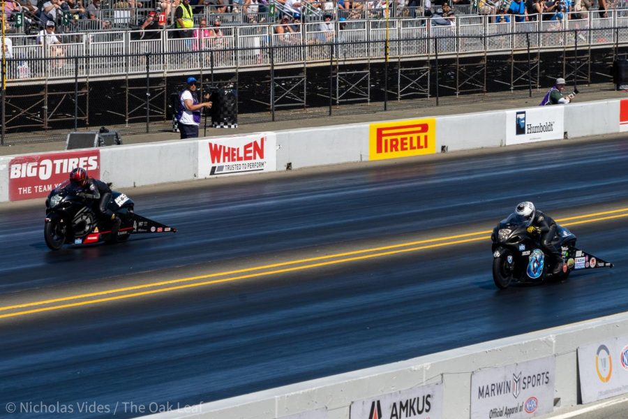 Joey Gladstone (right) wins in Pro Stock Motorcycle against Eddie Krawiec (left) at the Denso NHRA Sonoma Nationals Sunday July 24, 2022.
