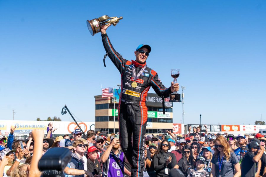 Bob Tasca III celebrates his victory at the Denso NHRA Sonoma Nationals on Sunday, July 24, 2022 in Sonoma, Calif.