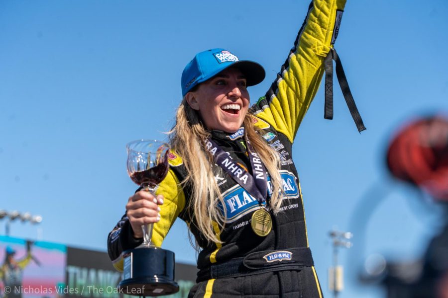 Brittany Force celebrates her Top Fuel victory at the Denso NHRA Sonoma Nationals on Sunday July 24, 2022.
