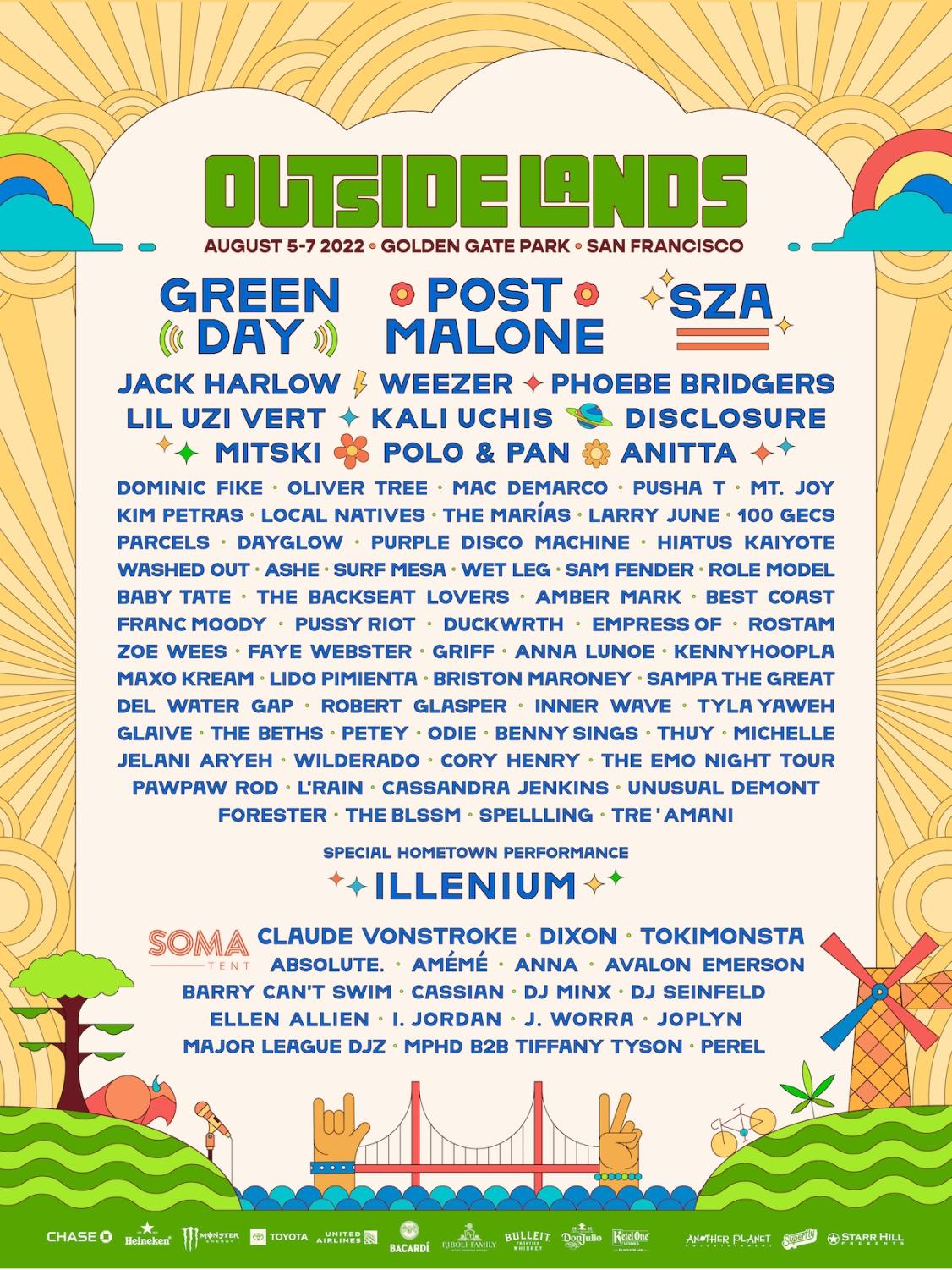 A poster featuring the full Outside Lands 2022 lineup.