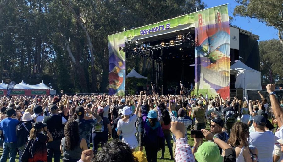 Concertgoers raise their fists in support of Ukraine as the country's national anthem plays during Pussy Riot's set at Outside Lands on Sunday, Aug. 5 at Golden Gate Park in San Francisco.