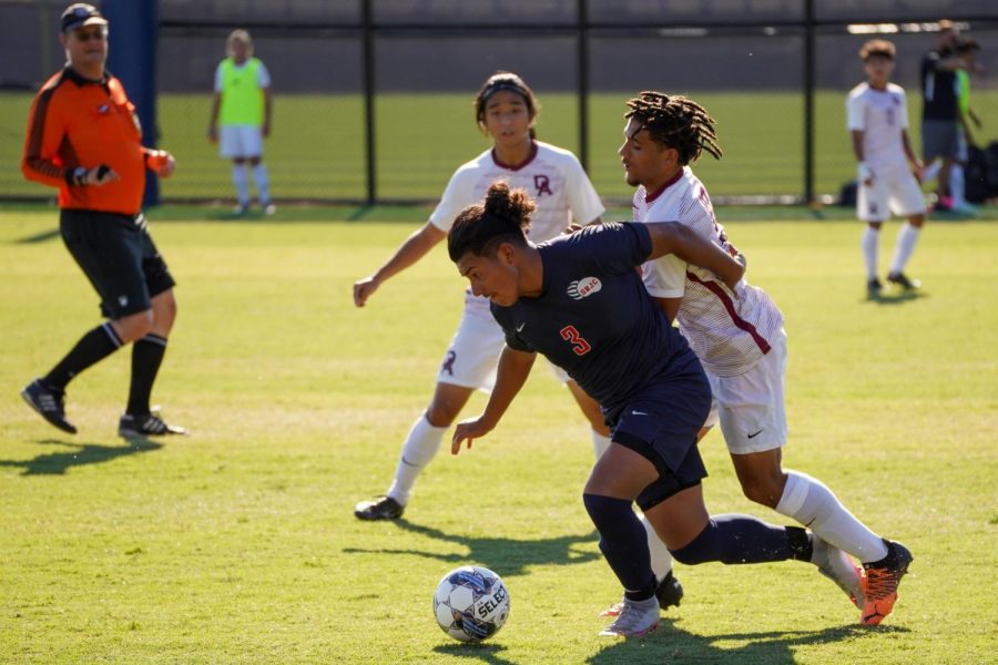 Bear Cubs defender Angel Barajas attacks the ball against De Anza College Sept. 23, 2022, in Santa Rosa.