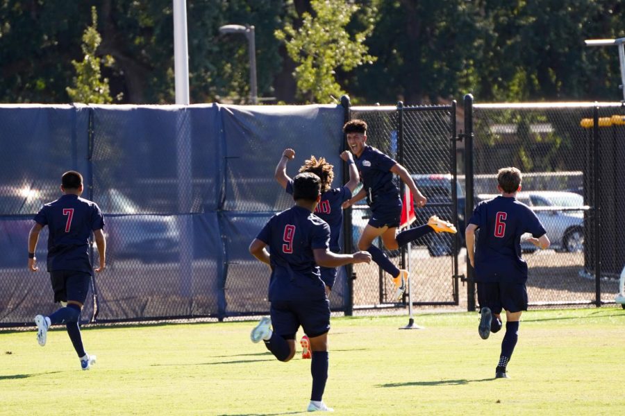 Miguel Bustos celebrates after scoring SRJCs first and only goal during their tie against De Anza Sept. 23.