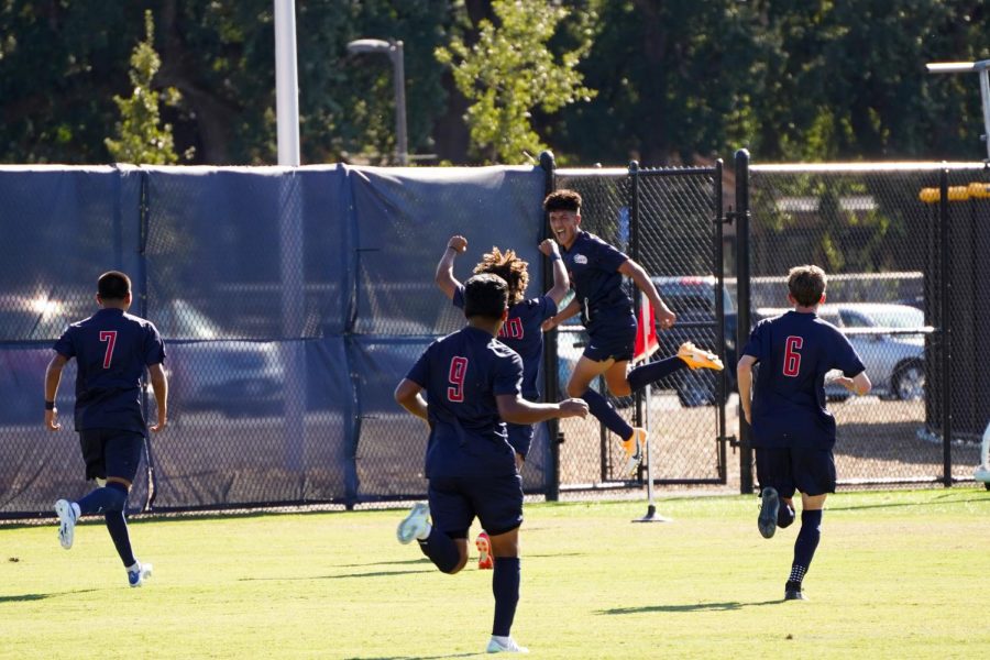 Miguel Bustos celebrates after scoring SRJC's first and only goal during their tie against De Anza Sept. 23.
