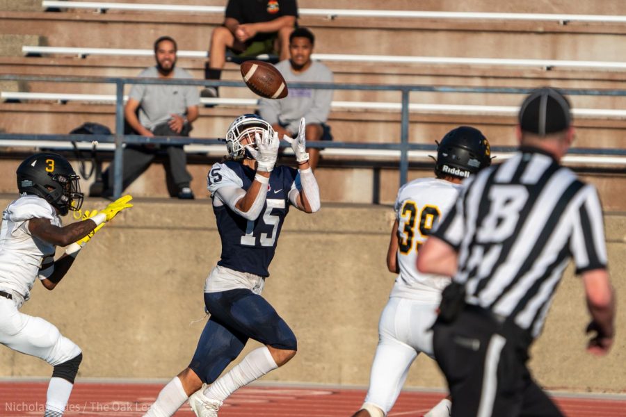 Bear Cubs wide receiver Isaac Torres catches a 30 yard lob pass from quarterback Santino Chavez for a touchdown against Chabot on Sept. 24, 2022 in Santa Rosa.