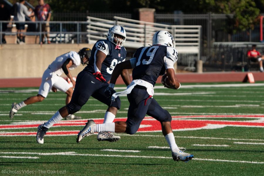 Bear Cubs strong safety David DeMenezes picks off a deflected pass for a touchdown against Chabot on Sept. 24, 2022 in Santa Rosa.