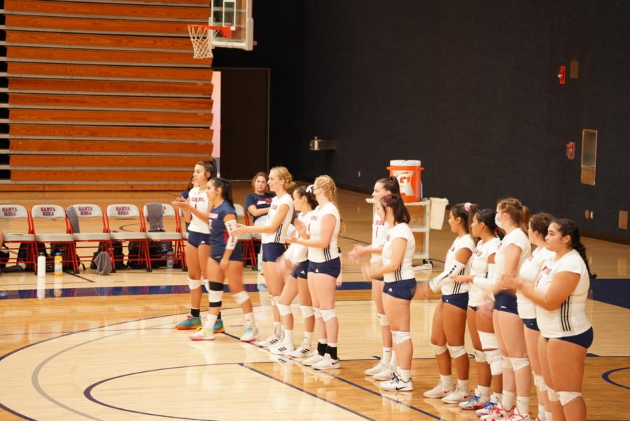 The+SRJC+volleyball+team+lines+up+before+its+game+against+Modesto+Sept.+21+in+Haehl+Pavilion.+