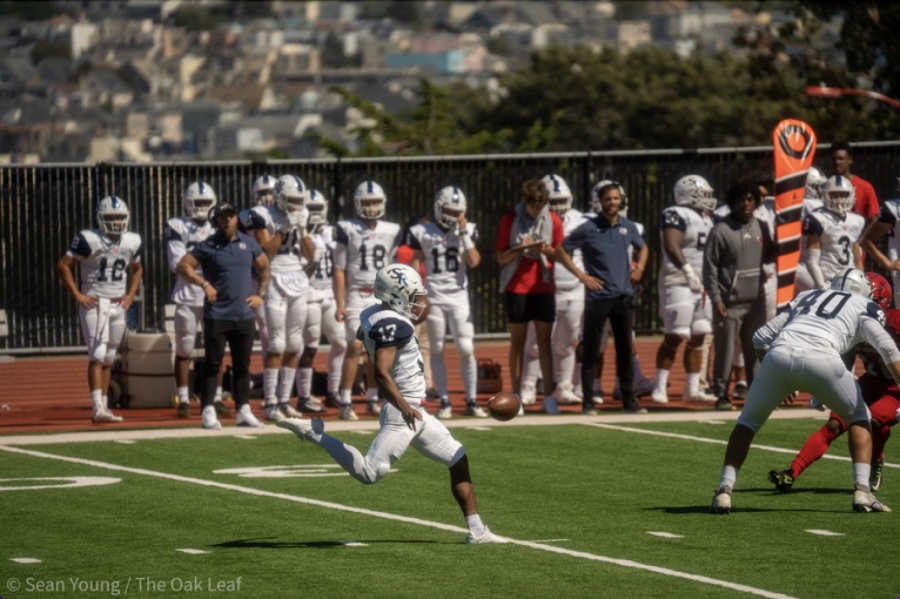 SRJC Bear Cubs punter Jeremy Baker punts the ball 41 yards in the 4th quarter at George M. Rush Stadium in SRJC’s 31-20 loss to City College of San Francisco on Sept. 3