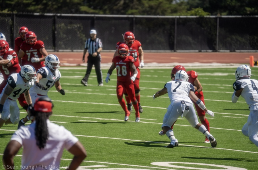 SRJC Bear Cubs linebacker Dimitri Johnson (7) works to tackle a City College of San Francisco running back in SRJC’s 31-20 loss to City College of San Francisco on Sept. 3.