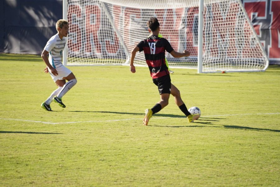 SRJC midfielder Joao Assad moves the ball upfield on the Falcons in a 1-1 draw vs. Folsom Lake Oct. 11.