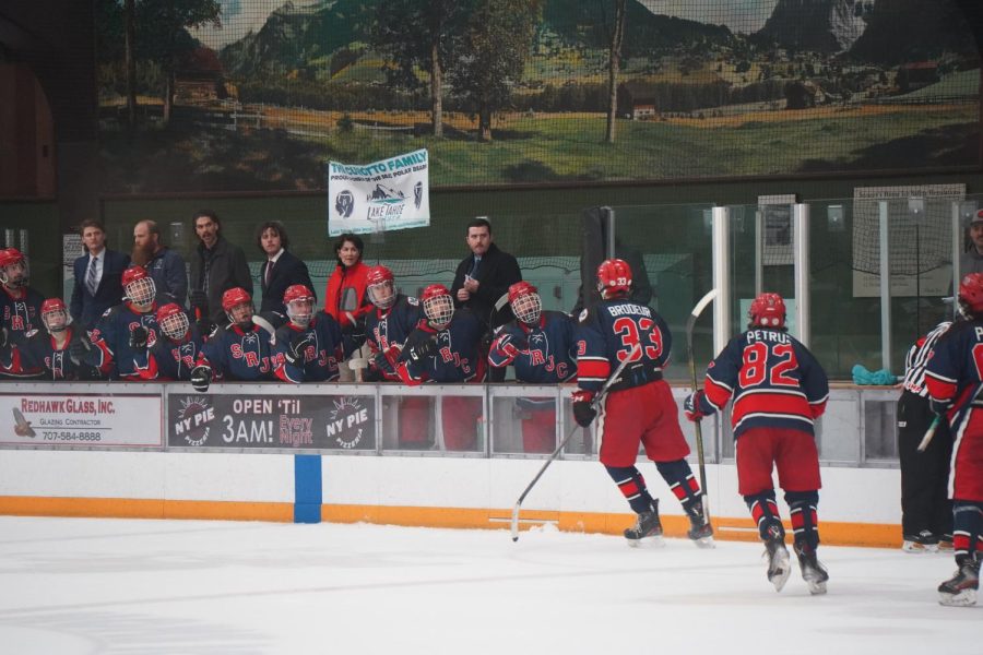 Defensemen Gordy Brodeur and Jonah Petrus work to shut down UC Davis offence Oct. 14 in a 8-4 Polar Bears victory.