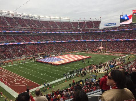 The American Flag on the field of Levi Stadium. Fans disagreed over which player would be the better starting quarterback for the team, with Lance fans arguing he had more raw potential while Purdy fans claimed he was the more stable option for the team in its current state as they are in pursuit of a Super Bowl victory.