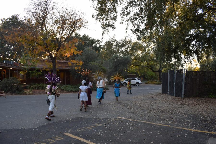 Danza Azteca Xantotl leads the procession to different altars around the SRJC campus, starting at Barnett and ending in the Doyle library.