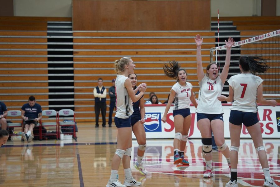 Bear Cubs Sofia Lopez, Daya Mosqueda, Lilah Bacon, Arianna Hickling, and Kaleigh Weiand celebrate scoring a point after a fierce round of volleys.