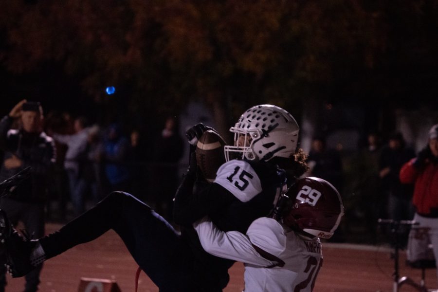  Freshman wide receiver Isaac Torres catches quarterback Carson Budke’s fourth touchdown of the day, in a dominate 34-21 win over Sierra College on Saturday, Nov. 12, 2022 in Santa Rosa.