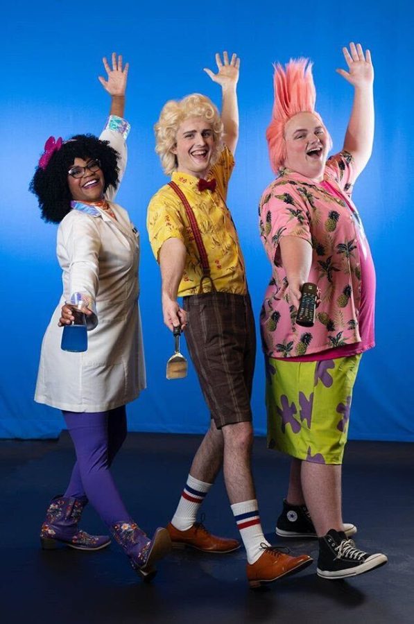 Phoebe Pruitt as Sandy Cheeks, Samuel J. Gleason as SpongeBob SquarePants and Aidan Pryor as Patrick Star in SRJC Theater Arts production of The SpongeBob Musical.