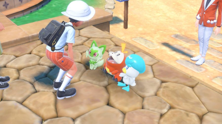 In Pokémon Scarlet and Violet, players will choose either (left to right) Sprigatito, Fuecoco or Quaxly to be the first partner to accompany them on their journey.