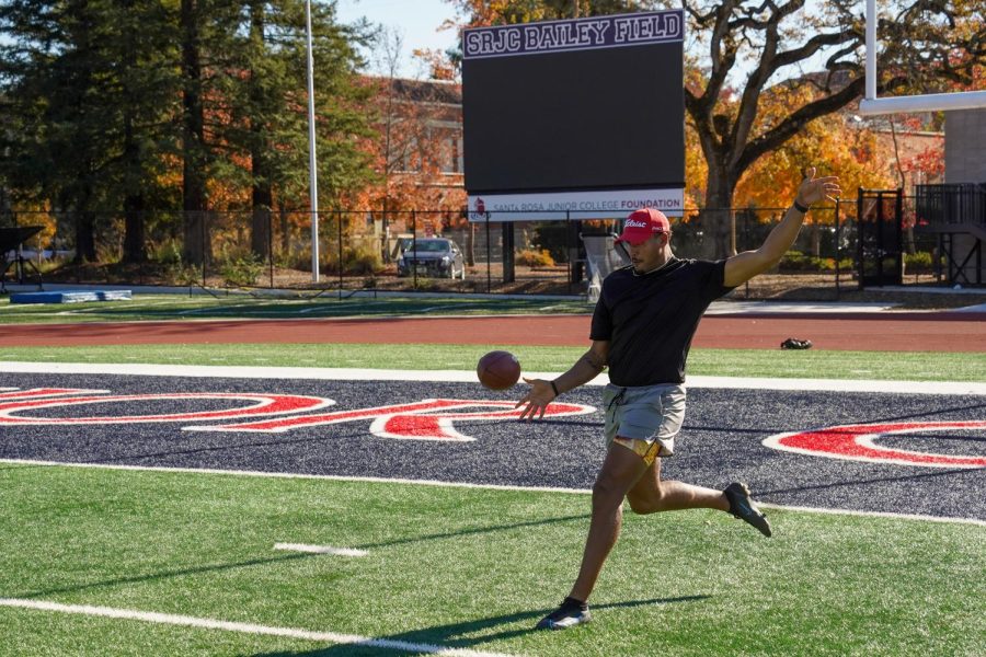 SRJC football team punter Seth Vernon practices his punts at Bailey Field on Nov. 16, trying to stay ready for any opportunity. 