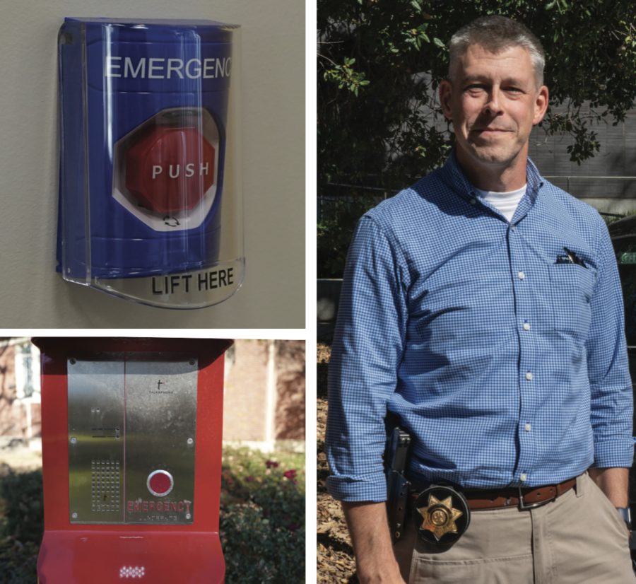 From top left: SRJC's new security infrastructure includes emergency buttons in some buildings that initiate a classroom or building lockdown when pushed; SRJC District Police Chief Robert Brownlee; campus security added.fixed and updated all call boxes on the Santa Rosa campus.