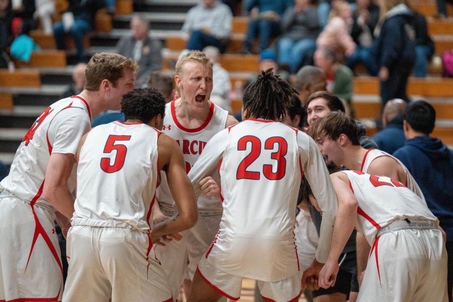 Sophomore guard Teo Tomerlin hypes up his team before tip-off in SRJCs final game of the season against Diablo Valley College Feb. 16, 2023 at Haehl Pavilion in Santa Rosa. 