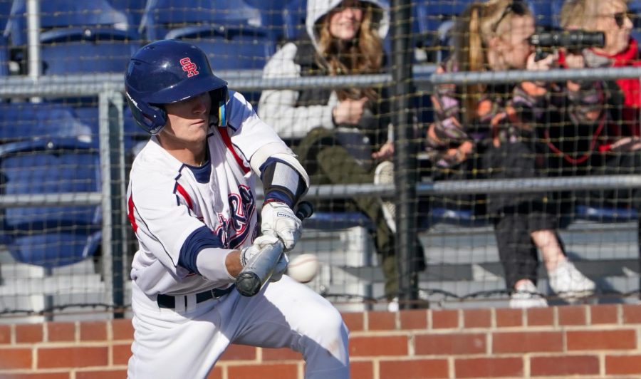 Bear Cubs freshmen Aidan Lombardi lays down a successful bunt in SRJCs win over College of Marin on Tuesday, Feb. 21 at Cook Sypher Field in Santa Rosa.