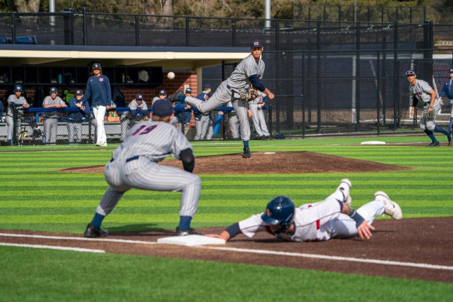 Bear Cubs outfielder/pitcher Jake McCoy nearly gets picked off against San Mateo College on Tuesday, Feb. 14, 2023 in Santa Rosa. 