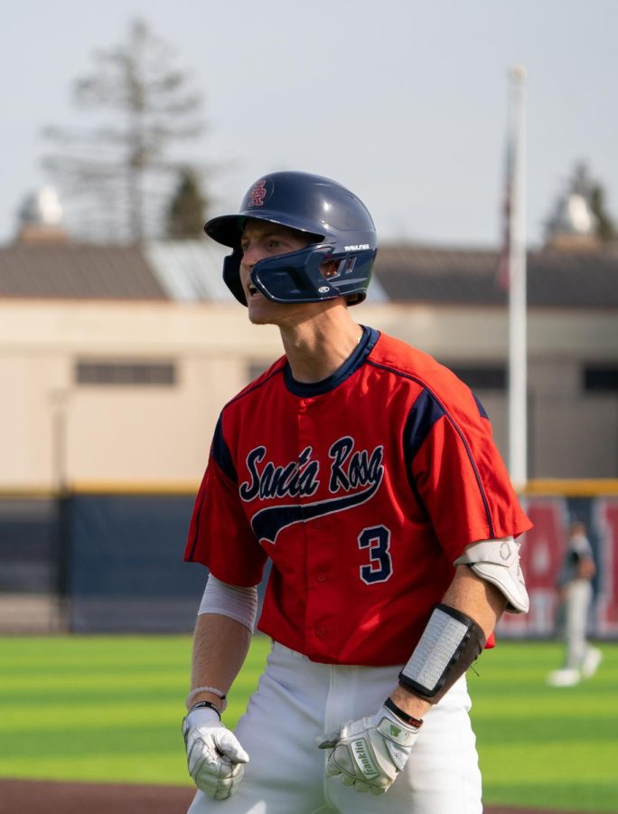 Bear Cubs short stop Aidan Lombardi is amped up after moving his teammates up 90 feet with a base hit in the bottom of the sixth against Mission College on Saturday, Feb. 18, 2023 in Santa Rosa.
