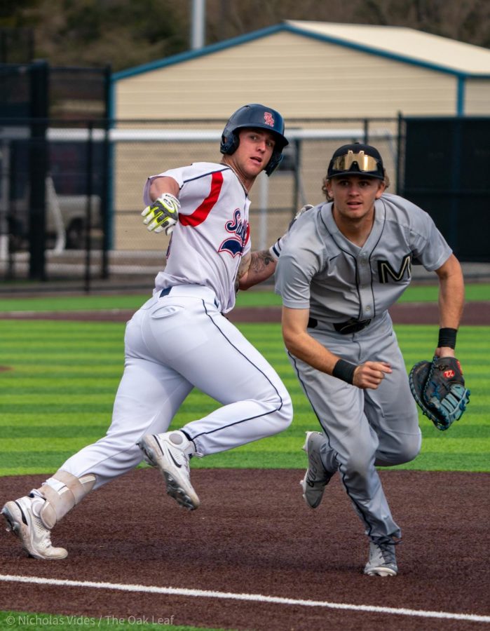 Bear Cubs outfielder/pitcher Jake McCoy darts off to second base after an overthrown play to first against College of Marin on Friday, Feb. 10, 2023 in Santa Rosa. 