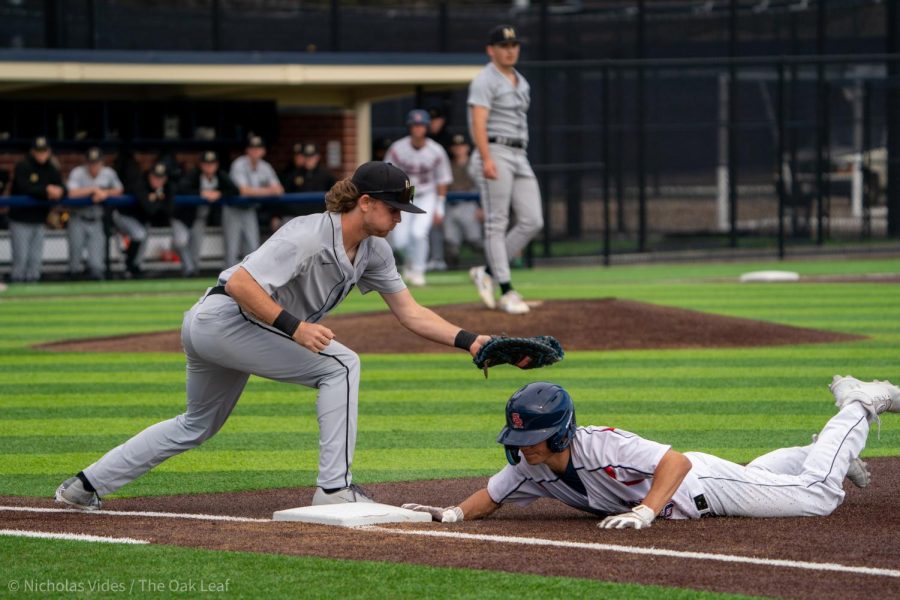 Bear Cubs outfielder/pitcher Evan Johnson nearly gets picked off against College of Marin on Friday, Feb. 10, 2023 in Santa Rosa. 
