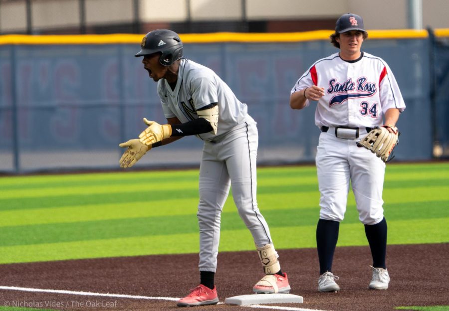 College of Marin outfielder D’Andre Gaines celebrates after hitting a triple against the Bear Cubs on Friday, Feb. 10, 2023 in Santa Rosa. 